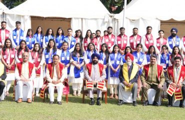 Governor interacting with students receiving degrees and medals at the first convocation of Sardar Bhagwan Singh University, Dehradun.