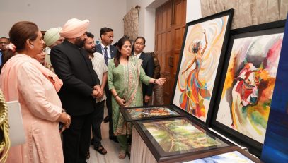 Governor visiting the art gallery and photo exhibition set up during Vasantotsav at Raj Bhawan.