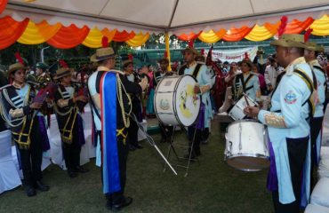 Pipe bands of IMA, ITBP and Home Guards playing their melodious tunes at the closing ceremony of the three-day Vasantotsav at Raj Bhawan.