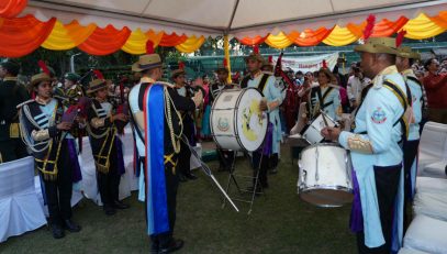 Pipe bands of IMA, ITBP and Home Guards playing their melodious tunes at the closing ceremony of the three-day Vasantotsav at Raj Bhawan.