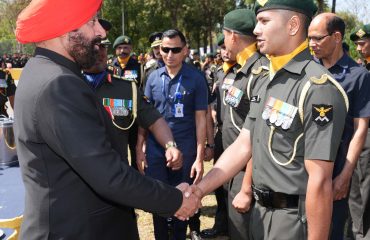Battalion jawans meeting the Governor on the Platinum Jubilee celebrations of 14 Dogra Battalion.