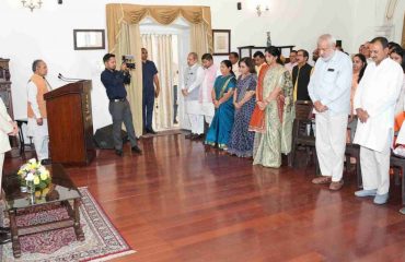 Governor observing two minutes silence in the memory of innocent people killed in the terrorist attack on tourists in Pahalgam, Jammu and Kashmir, with the officials appointed in various departments at Raj Bhawan.
