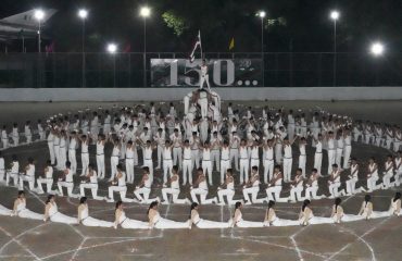 College students performing PT drill and gymnastics show on the occasion of the 156th Foundation Day celebrations of Sherwood College, Nainital.