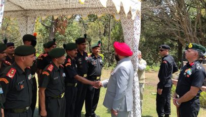 The Governor meeting army personnel at the Kumaon Regimental Centre in Ranikhet during his visit to Almora district.
