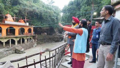 The Governor inspecting the Tapkeshwar Mahadev Temple, which was affected by the disaster.