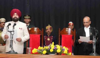 The Governor administering the oath of office to the newly appointed Chief Justice of the Uttarakhand High Court, Shri Manoj Kumar Gupta, at Lok Bhavan, Dehradun.