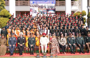 The Governor with the NCC cadets from Uttarakhand who participated in the Republic Day parade.