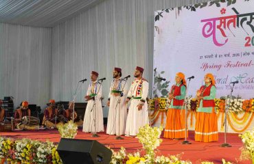 Folk artists giving a captivating performance of Uttarakhand's rich folk traditions and cultural heritage at the cultural evening organised by the Culture Department