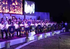 Military band artists performing their melodious tunes at the “Gunj of Himalayas” Military Band Symphony organized by Uttarakhand Sub Area at Garhi Cantt.