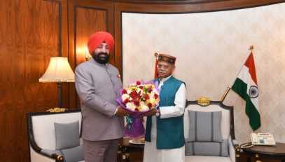 Governor Lt. Gen. Gurmit Singh (Retd.) paying a courtesy call on the Governor of Telangana, Shiv Pratap Shukla, at Lok Bhavan, Hyderabad.