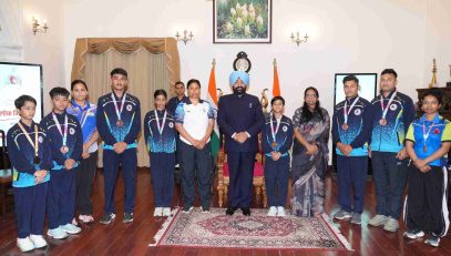 The Governor interacting with students from PM Shri Government Girls' Intermediate College; the medal winners in the Youth Games, during the event.