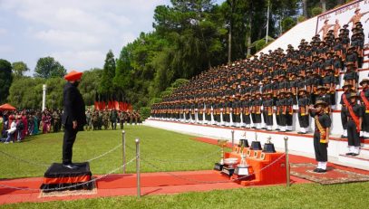 The Governor receiving the ceremonial salute from Army personnel during the grand Attestation Parade of the 7th batch of Agniveers of the Assam Regiment, held at the Assam Regimental Centre in Shillong.