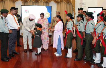 Students from various schools tying rakhi on the Governor during the program held at Lok Bhavan on the auspicious occasion of Raksha Bandhan.