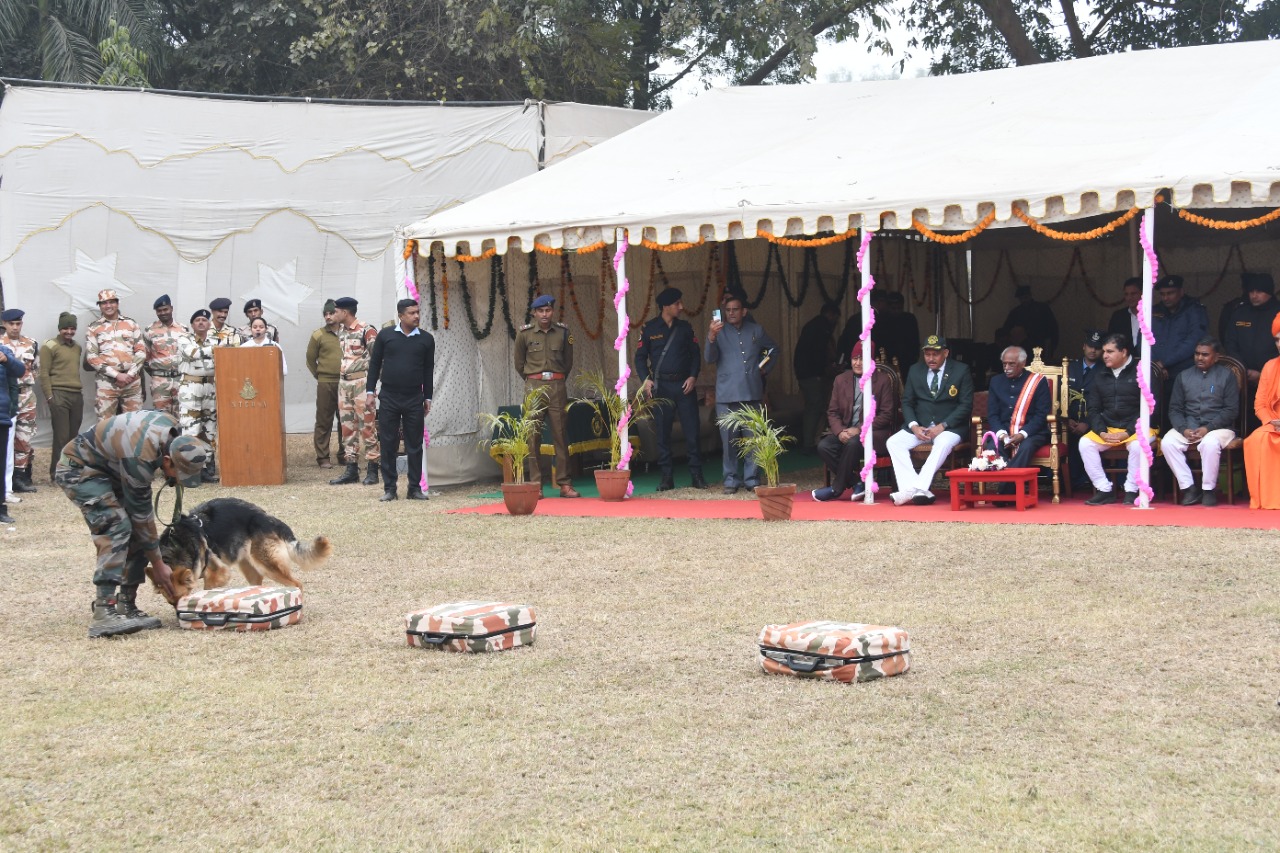 राज्यपाल श्री बंडारू दत्तात्रेय आईटीबीपी, बीटीसी भानू, पंचकूला में आयोजित 75 लाख सुर्यनमस्कार अभियान कार्यक्रम में डाग स्कायड का प्रदर्शन देखते हुए