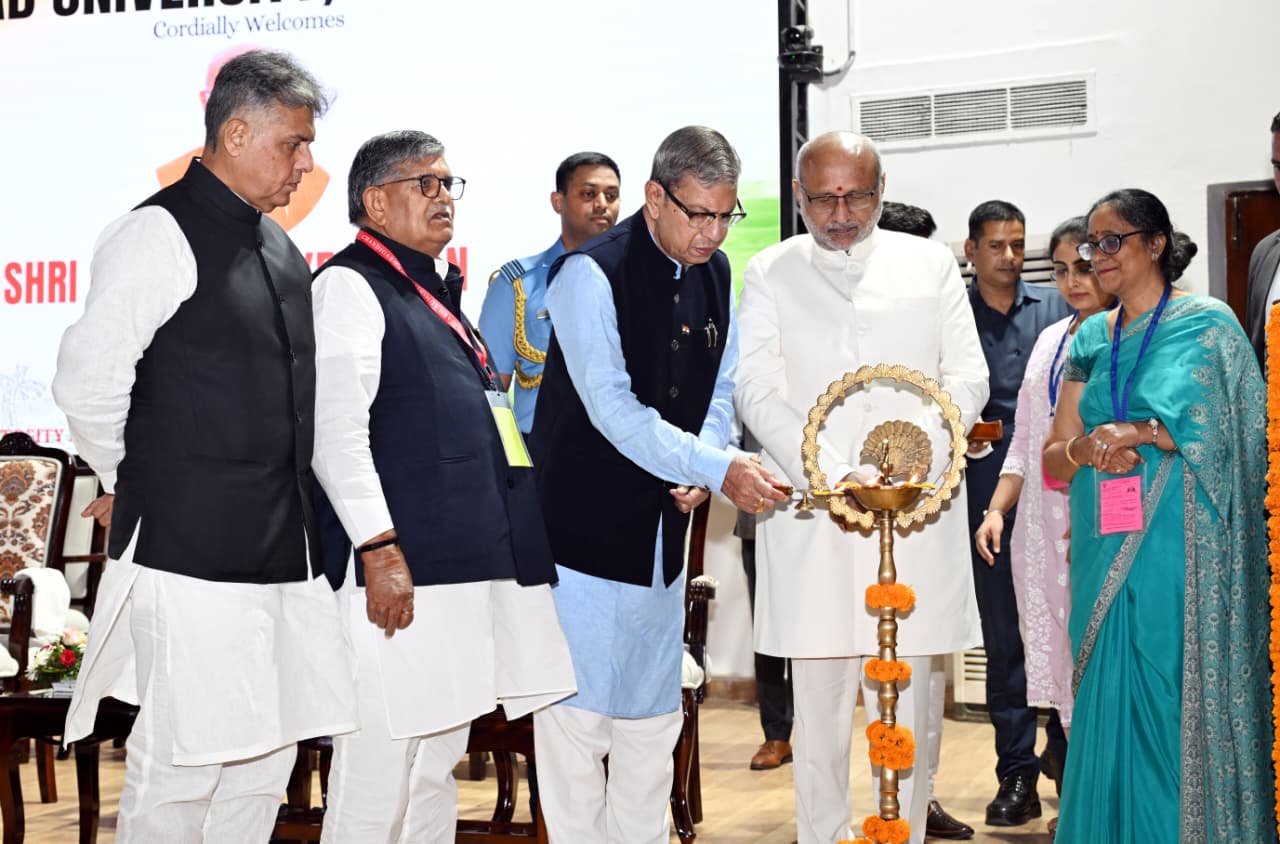 Haryana Governor Prof. Ashim Kumar Ghosh lighting the traditional lamp during the inauguration of two facilities at Panjab University by the Vice President of India, Sh. C.P. Radhakrishnan in Chandigarh on September 4, 2026. Punjab Governor Sh. Gulab Chand Kataria is also seen in the picture.