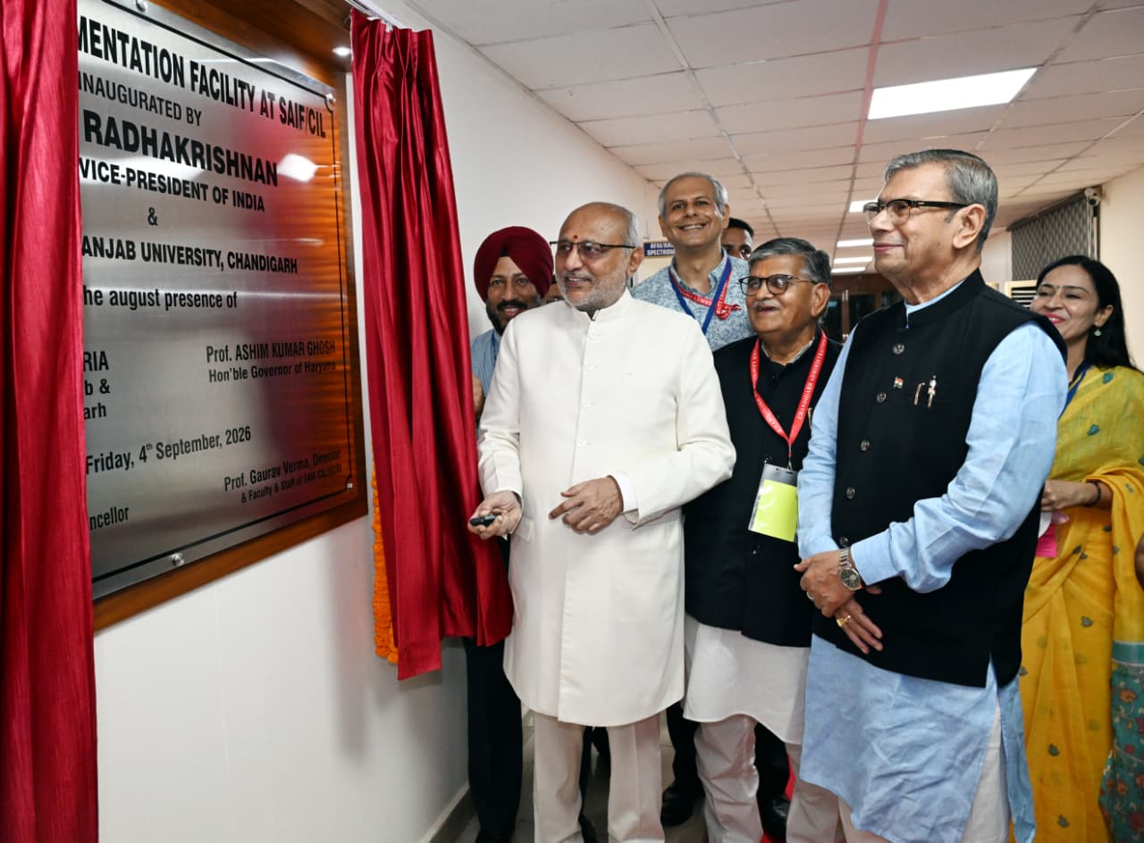 Vice President of India Sh. C.P. Radhakrishnan, in the presence of Haryana Governor Prof. Ashim Kumar Ghosh and Punjab Governor Sh. Gulab Chand Kataria, inaugurating the SAIF/CIL facility at Panjab University, Chandigarh on September 4, 2026.