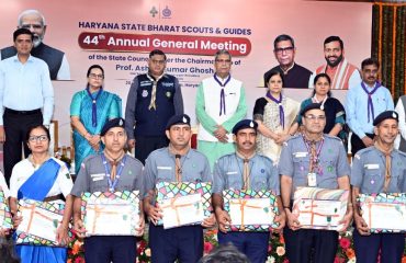 Haryana Governor Prof. Ashim Kumar Ghosh in a group photograph with volunteers of Bharat Scouts and Guides during the 44th Annual General Meeting of Haryana State Bharat Scouts and Guides at Lok Bhavan in Chandigarh on July 20, 202
