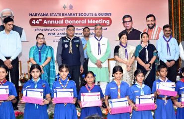 Haryana Governor Prof. Ashim Kumar Ghosh in a group photograph with volunteers of Bharat Scouts and Guides during the 44th Annual General Meeting of Haryana State Bharat Scouts and Guides at Lok Bhavan in Chandigarh on July 20, 202