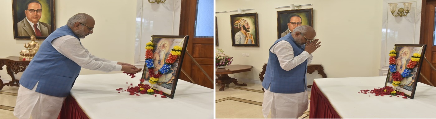 17.10.2024:  Maharashtra Governor C.P. Radhakrishnan offered floral tributes to the portrait of Aadi Kavi Maharshi Valmiki on the occasion of the birth anniversary of the legendary poet and author of the epic Ramayana at Raj Bhavan, Mumbai.