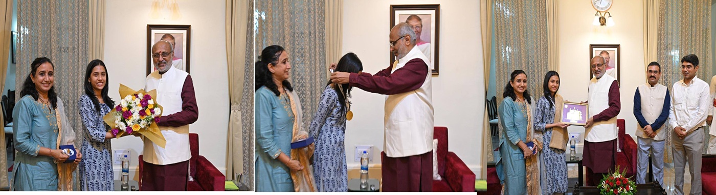 03.08.2025: Maharashtra Governor C.P. Radhakrishnan today felicitated FIDE world chess champion Grand Master Divya Deshmukh at Raj Bhavan in Nagpur. Secretary to the Governor Dr. Prashant Narnaware was also present.