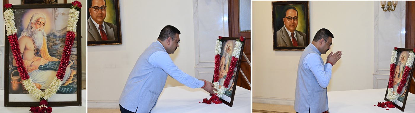 07.10.2025:   Floral tributes were offered to the portrait of Maharshi Valmiki on the occasion of his birth anniversary at Raj Bhavan, Mumbai. Secretary to the Governor Dr. Prashant Narnaware offered floral tribute to the portrait of Maharshi Valmiki on the occasion. Deputy Secretary to the Governor S. Ramamoorthy, Comptroller of the Governor’s Households Dr Nishikant Deshpande, ADC to the Governor Lt.  Vikram Kumar, officers and staff of Raj Bhavan also paid their tributes to Maharshi Valmiki.