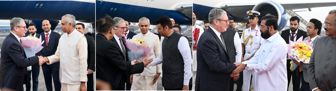 08.10.2025: Prime Minister of the United Kingdom Keir Starmer arrived in Mumbai this morning. The Governor of Maharashtra and Gujarat Acharya Devvrat and Chief Minister Devendra Fadnavis welcomed the Prime Minister. Deputy Chief Minister Eknath Shinde, Deputy Chief Minister Ajit Pawar, Minister of Protocol Jaykumar Rawal and senior Government officers also welcomed the UK Prime Minister on the occasion.