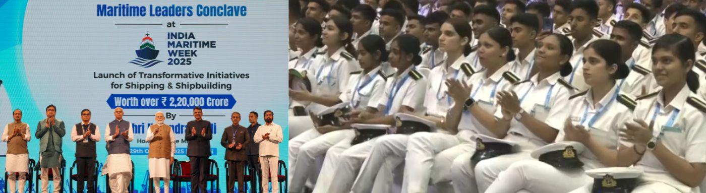 29.10.2025: Prime Minister Narendra Modi arrived in Mumbai today to attend the India Maritime Week 2025.  The Prime Minister also addressed the Maritime Leaders Conclave at India Maritime Week 2025 at the NESCO Exhibition Centre.   Policymakers, thought leaders and maritime experts across port infrastructure, green energy, and defence shipbuilding are attending the programme. Maharashtra Governor Acharya Devvrat, Chief Minister Devendra Fadnavis, Union Minister of Ports, Shipping and Waterways Sarbananda Sonowal, Minister of State Shantanu Thakur, Deputy Chief Ministers of Maharashtra Eknath Shinde and Ajit Pawar and representatives of various countries were among those present.