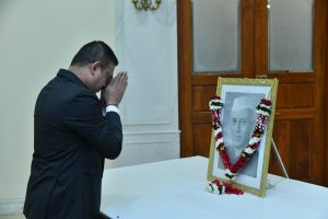 14.11.2025: Floral tributes were offered to the portrait of India's first Prime Minister Pandit Jawaharlal Nehru on the occasion of his birth anniversary at Raj Bhavan, Mumbai. Secretary to the Governor Dr. Prashant Narnaware offered flower petals to the portrait of Pt Nehru as a mark of respect.  Deputy Secretary to the Governor S. Ramamoorthy, Comptroller of the Governor’s Households Dr Nishikant Deshpande, ADC to the Governor Lt.  Vikram Kumar and officers and staff of Raj Bhavan also paid their tributes to Pandit Nehru.