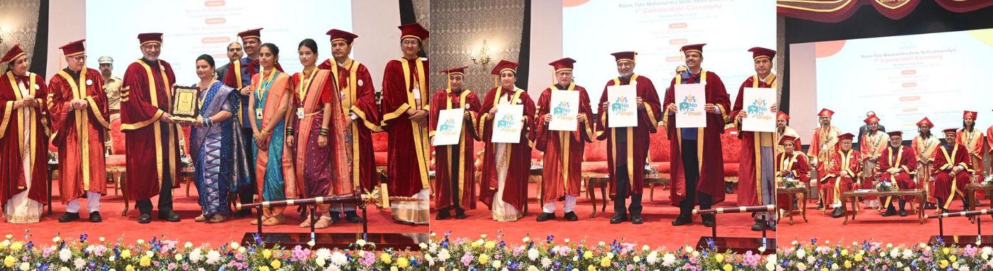 21.03.2026:  उपराष्ट्रपती झाल्यानंतर आपल्या पहिल्या महाराष्ट्र दौऱ्यावर आलेल्या उपराष्ट्रपती  सी. पी. राधाकृष्णन यांच्या प्रमुख उपस्थितीत रतन टाटा महाराष्ट्र राज्य कौशल्य विद्यापीठाचा पहिला दीक्षांत समारंभ लोकभवन, मुंबई येथे संपन्न झाला. कार्यक्रमाला राज्यपाल तथा कुलपती जिष्णु देव वर्मा, मुख्यमंत्री देवेंद्र फडणवीस,  उपमुख्यमंत्री सुनेत्रा पवार, कौशल्य विकास मंत्री मंगलप्रभात लोढा, राज्याचे मुख्य सचिव राजेश अग्रवाल, कौशल्य विकास विभागाच्या अपर मुख्य सचिव मनिषा वर्मा, विद्यापीठाच्या कुलगुरु डॉ अपूर्वा पालकर यांच्यासह  विद्यापीठाचे प्राध्यापक, विद्यार्थी व निमंत्रित उपस्थित होते. उपराष्ट्रपतींच्या हस्ते विविध कौशल्य अभ्यासक्रमांमध्ये गुणवत्तापुर्ण कामगिरी करणाऱ्या स्नातकांना सुवर्ण पदके प्रदान करण्यात आली. लातूर, अहेरी व छत्रपती संभाजीनगर येथील औदयोगिक प्रशिक्षण  संस्थाना ‘सर्वोत्तम आयटीआय’ पूरस्कार देण्यात आले. यावेळी विद्यापीठ व महाविद्यालयां मध्ये व्यसन मुक्ती साठी  Say No To Drugs या मोहिमेचा शुभारंभ करण्यात आला. कार्यक्रमानंतर उपराष्ट्रपती, राज्यपाल व मुख्यमत्र्यांनी विद्यापीठातर्फे  आयोजित कौशल्य विकास प्रदर्शनाला यांनी भेट दिली.