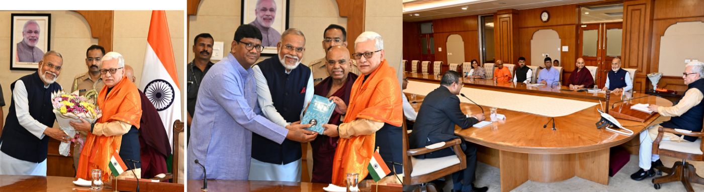 Economist Dr. Narendra Jadhav accompanied by members of the Dr. Babasaheb Ambedkar Birth Anniversary meets Governor
