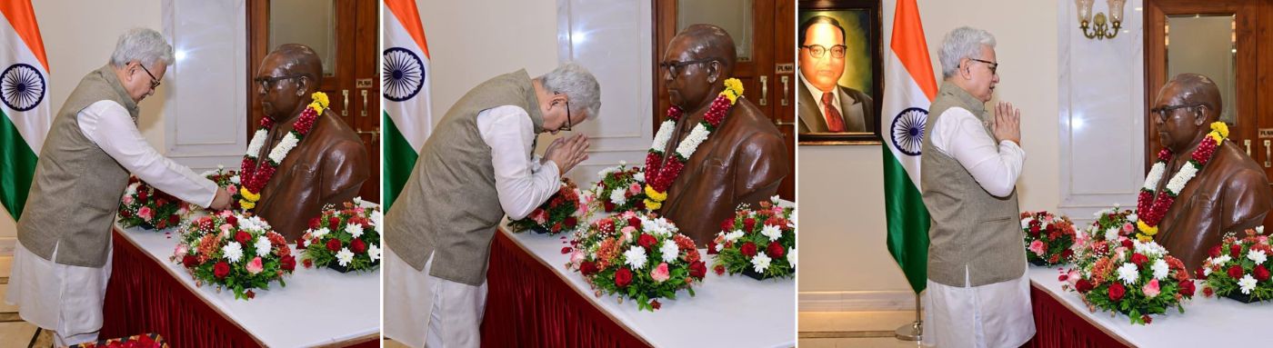 14 04 2026 :  भारतीय राज्यघटनेचे शिल्पकार भारतरत्न डॉ. बाबासाहेब आंबेडकर यांच्या १३५ व्या जयंतीनिमित्त राज्यपाल जिष्णु देव वर्मा यांनी लोकभवन येथे डॉ. आंबेडकर यांच्या अर्धाकृती पुतळ्याला पुष्पांजली अर्पण करुन अभिवादन केले. यावेळी राज्यपालांचे सचिव डॉ. प्रशांत नारनवरे तसेच लोकभवनातील अधिकारी, कर्मचारी व पोलीस अधिकारी व कर्मचारी उपस्थित होते.
