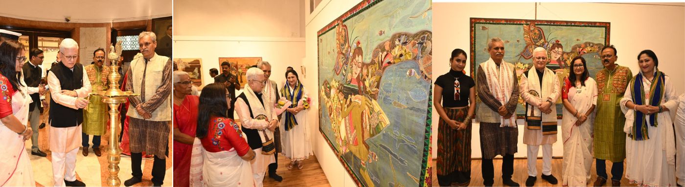 12.05.2026: महाराष्ट्राचे राज्यपाल श्री. जिष्णु देव वर्मा यांनी आज मुंबईतील जहांगीर आर्ट गॅलरी येथे राष्ट्रीय पुरस्कार विजेत्या कलाकार  श्रीमती तपती भौमिक मजूमदार यांच्या “भूमिजा — बॉर्न ऑफ द अर्थ” या कला प्रदर्शनाला भेट दिली. या प्रसंगी श्रीमती  तपती भौमिक मजूमदार यांनी राज्यपालांचे स्वागत केले. १२ ते १८ मे २०२६ दरम्यान चालणाऱ्या या प्रदर्शनात निसर्ग, पारंपरिक वस्त्रकला आणि सांस्कृतिक अलंकारांवर आधारित आधुनिक कलाकृतींचा समावेश आहे.  राज्यपालांनी कलाकृतींच्या सर्जनशीलतेचे आणि गहनतेचे कौतुक करत भारताच्या समृद्ध सांस्कृतिक व कलात्मक वारशात कलाकारांच्या योगदानाचे अभिनंदन केले.  या कार्यक्रमाला अभिनेत्री जयती भाटिया, सर जे. जे. स्कूल ऑफ आर्टचे प्राध्यापक श्री. मारुती शेळके, राष्ट्रीय पुरस्कार विजेत्या कलाकार श्रीमती तपती भौमिक मजूमदार तसेच इतर कला प्रेमी यावेळी उपस्थित होते.