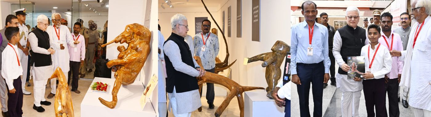 18.05.2026: मतिमंद व अनाथ मुलांचे पालक शंकरबाबा पापळकर यांनी मुंबईत आयोजित केलेल्या काष्ठशिल्प कलाकृतींच्या प्रदर्शनाला राज्यपाल जिष्णु देव वर्मा यांनी भेट दिली व दिव्यांग कलाकारांनी तयार केलेल्या कलाकृतींचे अवलोकन केले. यावेळी राज्यपालांनी काष्ठ शिल्प कलाकारांशी संवाद साधला तसेच शंकरबाबा पापळकर यांच्या कार्याचे कौतुक केले. शंकरबाबा पापळकर यांनी यावेळी राज्यपालांना विविध काष्ठशिल्पांच्या वैशिष्ट्याची माहिती दिली. आगमनप्रसंगी शंकरबाबा पापळकर तसेच पु ल देशपांडे अकादमीच्या संचालिका मीनल जोगळेकर यांनी राज्यपालांचे स्वागत केले. पद्मश्री शंकर बाबा पापळकर यांच्या मार्गदर्शनाखाली स्व. अंबादास पंत वैद्य बेवारस दिव्यांग बालगृह, वझ्झर, जिल्हा अमरावती येथील अनाथ मुलांनी सागवान व बेल आदी लाकडापासून विविध काष्ठशिल्पे साकारली असून या कलाकृती विक्रीसाठी ठेवण्यात आल्या आहे. काष्ठ कलाकृतींचे प्रदर्शन दिनांक १८ मे पर्यंत सर्वांसाठी खुले आहे.  यावेळी राज्यपालांचे सचिव डॉ. प्रशांत नारनवरे, कलादालनाच्या क्युरेटर वर्षा कारळे तसेच छायाचित्रकार शिरीष कारळे उपस्थित होते.