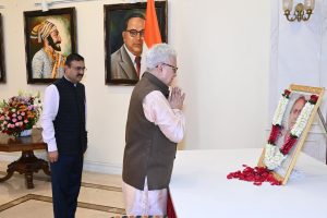 01.08.2026 : Maharashtra Governor Jishnu Dev Varma offered floral tributes to the portrait of Lokshahir Sahitya Ratna Annabhau Sathe on the occasion of the birth anniversary of Annabhau Sathe at Lok Bhavan, Mumbai.  Secretary to the Governor Dr. Prashant Narnaware, Comptroller of the Governor's Households Dr Nishikant Deshpande, officers and staff of Lok Bhavan and State police were present.