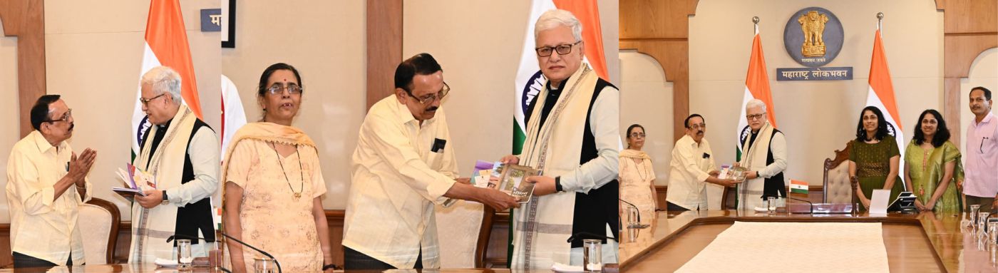 03.08.2026:   गिरगाव मुंबई येथील आर्यन हायस्कुलचे सेवानिवृत्त मुख्याध्यापक नीलकंठ नामजोशी यांनी आज राज्यपाल जिष्णु देव वर्मा यांची लोकभवन, मुंबई येथे भेट घेऊन त्यांना आपण लिहिलेल्या तीन पुस्तकांचा संच भेट दिला.  लेखकांचे अभिनंदन  करताना राज्यपाल म्हणाले की, जेव्हा लेखक पुस्तक लिहितो, तेव्हा तो आपल्या विचारांना पंख देतो व जगाच्या ज्ञानात भर घालतो. पुस्तक कधीही मरत नाही. लेखक समाजाला काहीतरी परत देत असतो.  एकमेकांना भेटताना पुष्पगुच्छ न देता पुस्तके दिली पाहिजे असे राज्यपालांनी सांगितले.   महाराष्ट्र ही संत आणि वीरांची भूमी आहे. राज्यात लेखकांची देखील एक मोठी परंपरा आहे. आज आपण ई-पुस्तकांच्या युगात वावरत असलो तरी देखील पारंपरिक पुस्तक वाचनाचे महत्व वेगळे आहे व पुस्तक वाचनाचा आनंद कायम आहे. नव्या युगात पारंपरिक पुस्तक वाचनाचा आनंद हरवू नये, अशी अपेक्षा राज्यपालांनी यावेळी व्यक्त केली.नामजोशी यांनी राज्यपालांना 