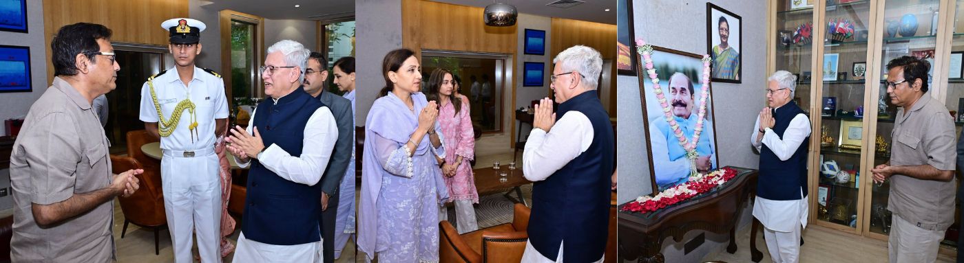 08.08.2026: Maharashtra Governor Jishnu Dev Varma today visited the office of Dr D. Y. Patil University office at Nerul in Navi Mumbai, and paid his floral tributes to the portrait of Padma Shri late Dr. D. Y. Patil. The Governor conveyed his condolences to Dr. Vijay Patil, Chancellor of Dr D. Y. Patil University; Dr. Shivani Vijay Patil, Pro-Chancellor and other members of the Patil family.