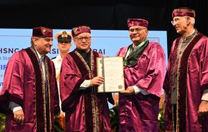 02.09.2026: Maharashtra Governor and Chancellor of state universities Jishnu Dev Varma presided over the 5th Convocation of the HSNC University at the University's Auditorium at Worli Mumbai. The Governor awarded Undergraduate and Postgraduate degrees and presented Gold Medals to 45 graduating students. Provost of HSNC University Anil Harish, Chairman of HSNC Board Dr Niranjan Hiranandani, Trustee Maya Shahani, Vice Chancellor of HSNC University Dr Hemlata Bagla, Registrar Dr Bhagwan Balani, Director Board of Examination Dr Jayesh Joglekar and graduating students were present.