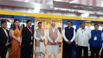 Prime Minister of India Narendra Modi accompanied by Governor Bhagat Singh Koshyari laid the foundation stone for three Metro Corridors at MMRDA Ground at BKC