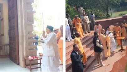 The Governor Bhagat Singh Koshyari visited the Radha Madan Mohan Mandir and the Radha Vrindavan Vihari Mandir. He also performed the Yamuna arti. Founder of Govardhan Eco Village Radhanath Swami, Director Gauranga Das, and others were present