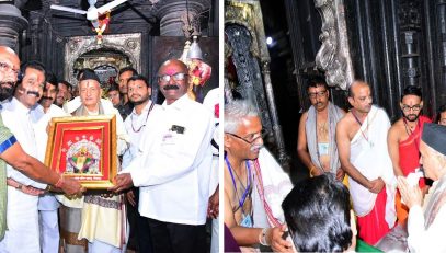 Governor Bhagat Singh Koshyari visited the Mahalaxmi Mandir at Kolhapur. Guardian Minister Satej Patil, Collector Daulat Desai, Municipal Commissioner mallinath Kalshetti and others were present. Chairman of the Devasthan Committee Mahesh Jadhav felicitated the Governor