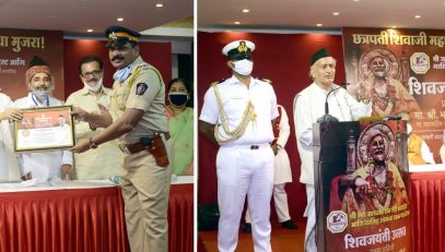 19.02.2021 : The Governor of Maharashtra Bhagat Singh Koshyari today attended the Shiv Jayanti celebrations at Kamala Vihar Sports Club at Kandivali. The Governor garlanded the bust of Shivaji Maharaj and felicitated Corona Warriors and top scoring students from the region on the occasion.