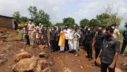 27.07.2021 : Governor Bhagat Singh Koshyari visited  the flood affected areas of Raigad districts.  Minister of State Minister of State Aaditi Tatakare, MLA Bharat Gogawale, Ashish Shelar and district collector Nidhi Choudheri were present. Governor visited  the Taliye village and Chiplun during his visit.