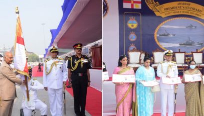 08.12.2021 : President of India Ram Nath Kovind presented the President's Standard to the 22nd Missile Vessle Squadron (K22) at Cruiser Wharf, Naval Dockyard, Mumbai. Smt. Savita Kovind, Governor of Maharashtra Bhagat Singh Koshyari and senior Naval officers were present.