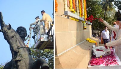 Governor garlands statue of Shivaji Maharaj on Shiv Jayanti