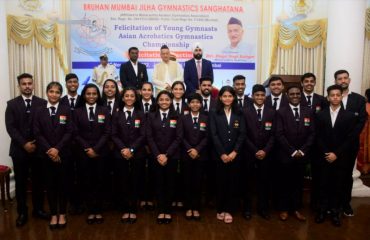 01.11.2022 : Maharashtra Governor Bhagat Singh Koshyari felicitated the Gymnasts from Maharashtra who brought laurels for India by winning medals at the 12th Asian Acrobatics Gymnastics Championships held at Kazakhstan at a function held at Raj Bhavan Mumbai. The Governor felicitated Gold Medallist Rutuja Jagdale, Priti Ekhande, Sonali Borade, Ritika Mahavar, Akshata Dhokale, Silver Medallist Akash Gosavi, Aditya Khasase, Bronze Medallist Achal Gurav, Arna Patil, Nikshita Khillare, Kunal Kothekar, Ritesh Borade, Naman Mahavar, Prashant Gore, Coach Rahul Sasane, Shubham Giri, Yogesh Pawar and Nishant Karandikar.