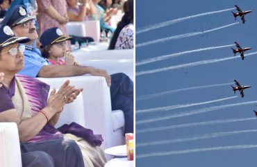 14.01.2024 : Maharashtra Governor Ramesh Bais accompanied by Smt Rambai Bais witnessed the spectacular Air Show organised by the Indian Air Force at Marine Drive in Mumbai. Speaker of Maharashtra Legislative Assembly Rahul Narwekar and senior government officers were present. The Indian Air Force enthralled the citizens with a multi faceted air display by its elite Suryakiran and Sarang helicopter aerobatic display. This was followed by the breathtaking display of daredevil maneuvers by Sukhoi 30 fighter aircraft over the Marine Drive.