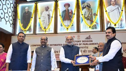 24.06.2025: Governor accompanied by Lok Sabha Speaker Om Birla addresses the Valedictory Session of the 2 - day National Conference of Estimates Committees of Parliament, State Legislatures and Union Territories