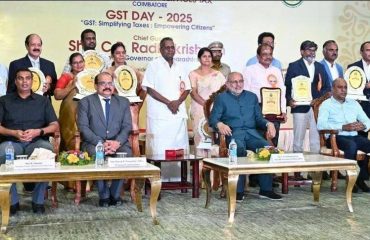 01.07.2025: Maharashtra Governor C.P. Radhakrishnan presided over the GST Day Celebration organised by the Central Goods and Services Tax Department in Coimbatore. On the occasion, the Governor felicitated the top taxpayers of the Coimbatore Central GST Commissionerate in recognition of their valuable contribution to the nation’s economic development. The Governor also honored officers of the GST Department in recognition of their meritorious and dedicated service. The event was graced by Shri Dinesh P. Pangarkar, Principal Commissioner of GST and Central Excise, Coimbatore; Shri D. Rajesh Kumar, Joint Managing Director of M/s Salzer Electronics Ltd. and Chairman, Confederation of Indian Industry (CII), Coimbatore; Shri R. Sundar, Managing Trustee, SNR Sons Charitable Trust and Sri Ramakrishna Educational Institutions and Hospitals, Coimbatore; and Smt. Jayabalasundari, Commissioner of GST and Central Excise (Appeals), Coimbatore, along with other distinguished guests and invitees.