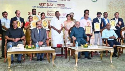 01.07.2025: Maharashtra Governor C.P. Radhakrishnan presided over the GST Day Celebration organised by the Central Goods and Services Tax Department in Coimbatore. On the occasion, the Governor felicitated the top taxpayers of the Coimbatore Central GST Commissionerate in recognition of their valuable contribution to the nation’s economic development. The Governor also honored officers of the GST Department in recognition of their meritorious and dedicated service. The event was graced by Shri Dinesh P. Pangarkar, Principal Commissioner of GST and Central Excise, Coimbatore; Shri D. Rajesh Kumar, Joint Managing Director of M/s Salzer Electronics Ltd. and Chairman, Confederation of Indian Industry (CII), Coimbatore; Shri R. Sundar, Managing Trustee, SNR Sons Charitable Trust and Sri Ramakrishna Educational Institutions and Hospitals, Coimbatore; and Smt. Jayabalasundari, Commissioner of GST and Central Excise (Appeals), Coimbatore, along with other distinguished guests and invitees.
