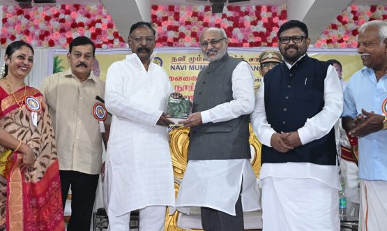 03.08.2025: Maharashtra Governor C P Radhakrishnan released the book 'Oru Nootrandhin Thavam' by former Tamil Nadu Minister Dr Vaigai Chelvan at a programme organised by the Navi Mumbai Tamil Sangam in Navi Mumbai. The book is a compilation of the articles by Dr Vaigai Chelvan published in Dinamani and his talks on All India Radio Madurai. Dinamani editor K Vaidyanathan, Secretary of Delhi Tamil Sangam Mukunthan, Chairman of Navi Mumbai Tamil Sangam E Ehambaram, Meenakshi Venkatesh and representatives of various Tamil organisations were present.